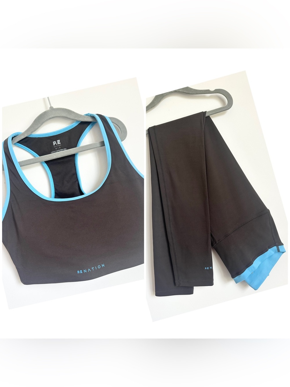Like New! P.E NATION Coffee Vita Leggings & Stellar Bra Marina Blue Trim Size S